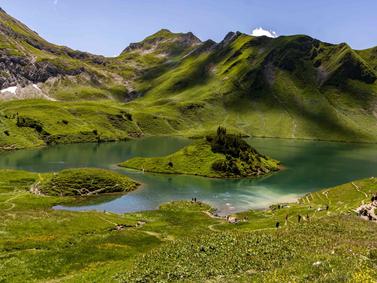 Allgäu, Germany: Alpine lake surrounded by lush green hills under a clear blue sky.