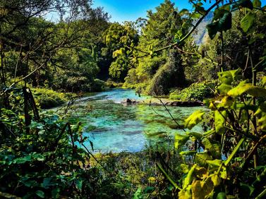 Blueeye, Albania. Lush greenery frames a tranquil, clear river under a blue sky.