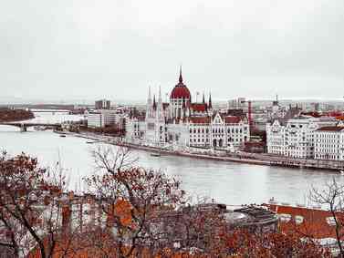 Budapest, Hungary. Overcast view of Parliament Building beside the Danube River.