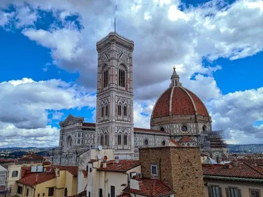 Italy: Iconic view of the Duomo under partly cloudy skies.