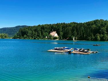 Scenic view of a tranquil lake surrounded by lush greenery, reflecting the clear blue sky.